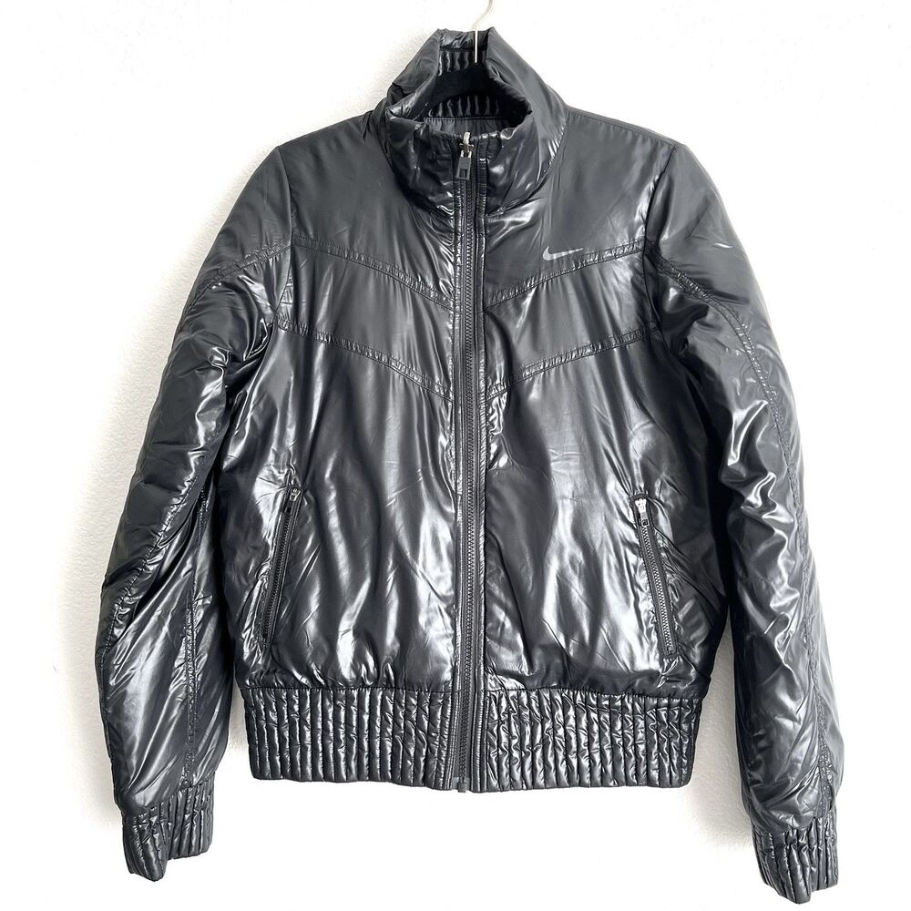 Y2K Nike Women’s Plaid Reversible Puffer Jacket Size M Black Grey